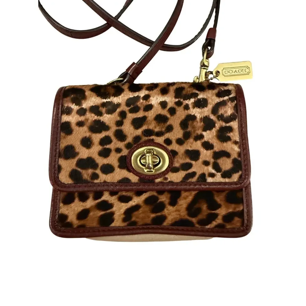 Coach Mini Pony Hair Leopard Print Turnlock Crossbody Burgundy Leather Gold Tag